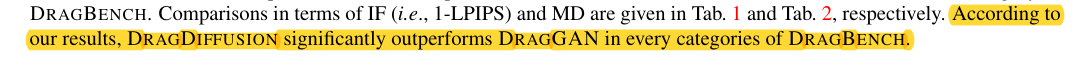 Highlighted sentence claiming DragDiffusion outperforms DragGAN in every category