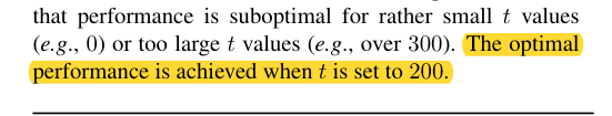 Highlighted ablation sentence: optimal performance when t is set to 200
